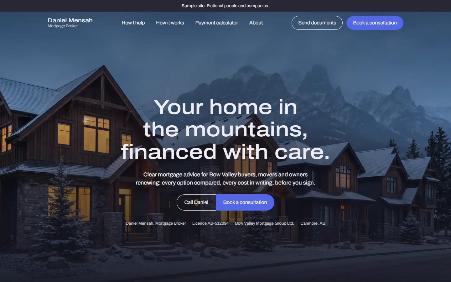 The Blue Hour template's home page, for a fictional broker.