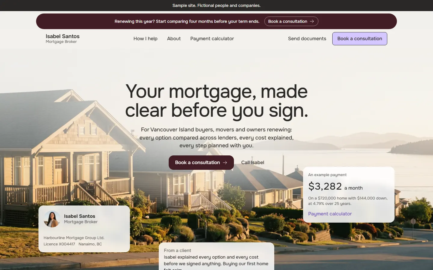 The Golden Hour template's home page, for a fictional broker.