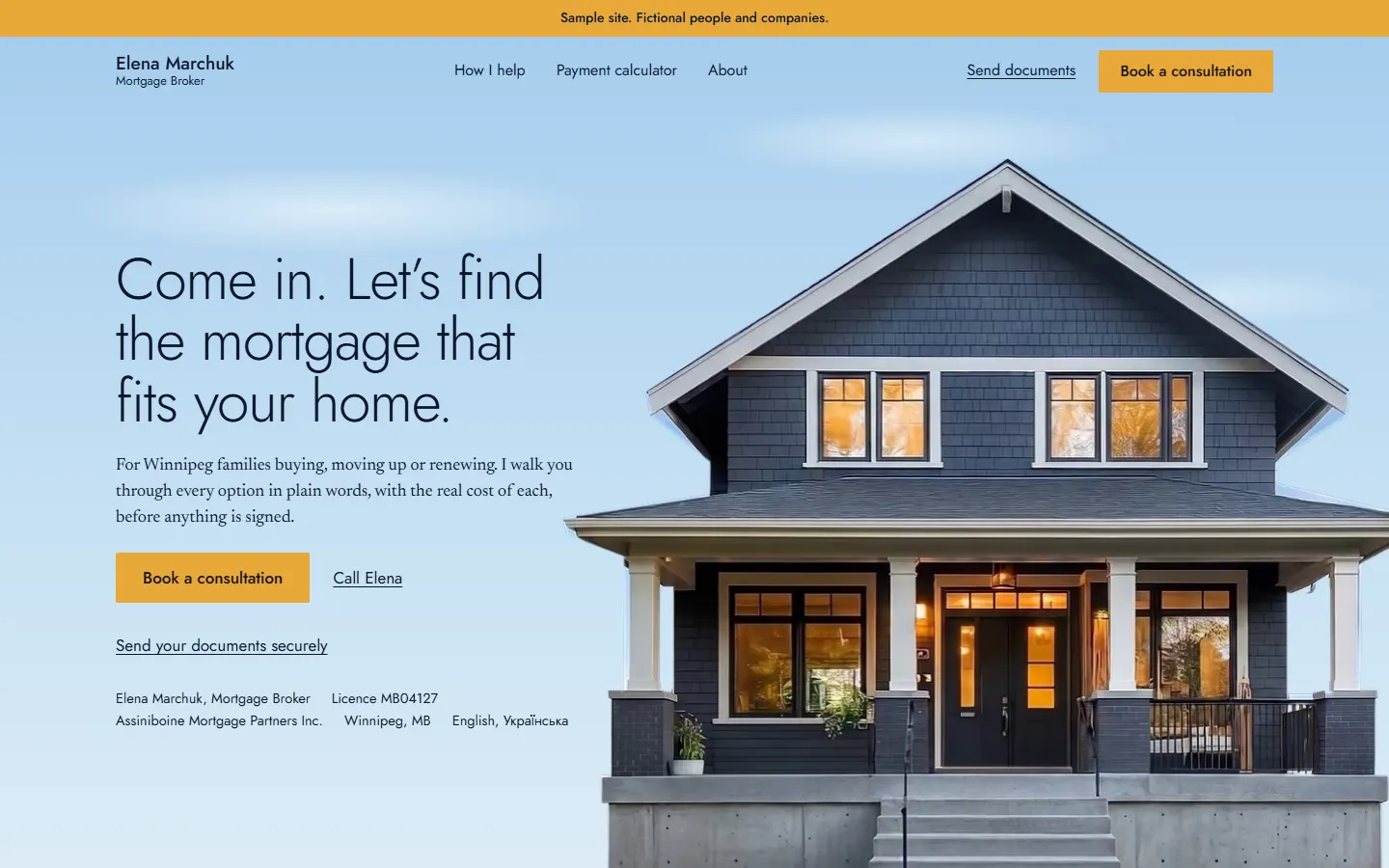The Lantern template's home page, for a fictional broker.