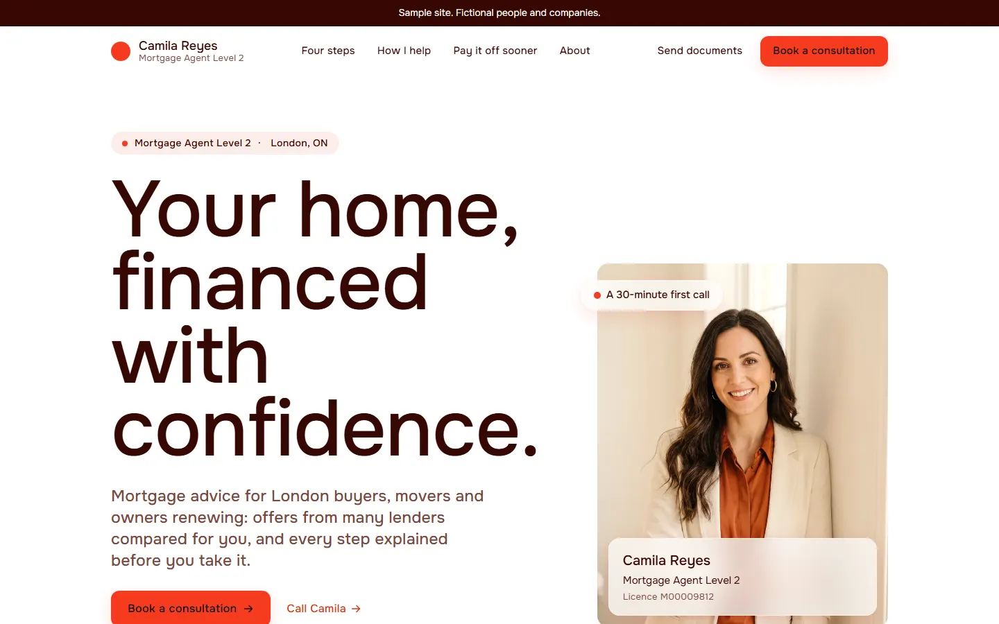 The Marble template's home page, for a fictional broker.