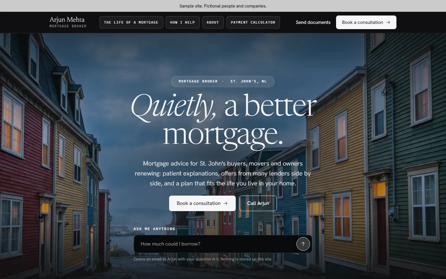 The Nocturne template's home page, for a fictional broker.