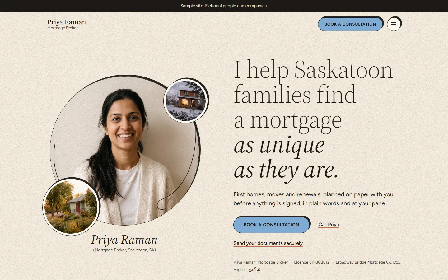 The Sketchbook template's home page, for a fictional broker.