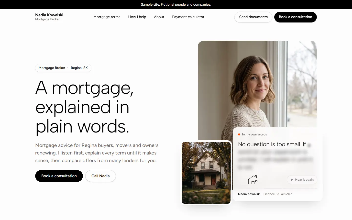 The Whisper template's home page, for a fictional broker.